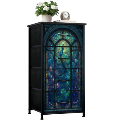 Commode de style vitrail pour la chambre à coucher avec 4 tiroirs de rangement en verre teinté paon irisé