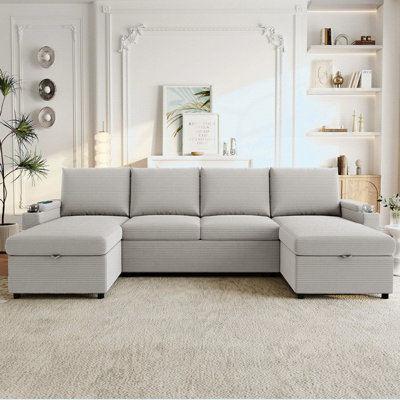 Convertible U-Shaped Sectional Sofa Bed With Storage, Cup Holders, USB Ports, Ideal For Comfortable Living And Hosting Guests