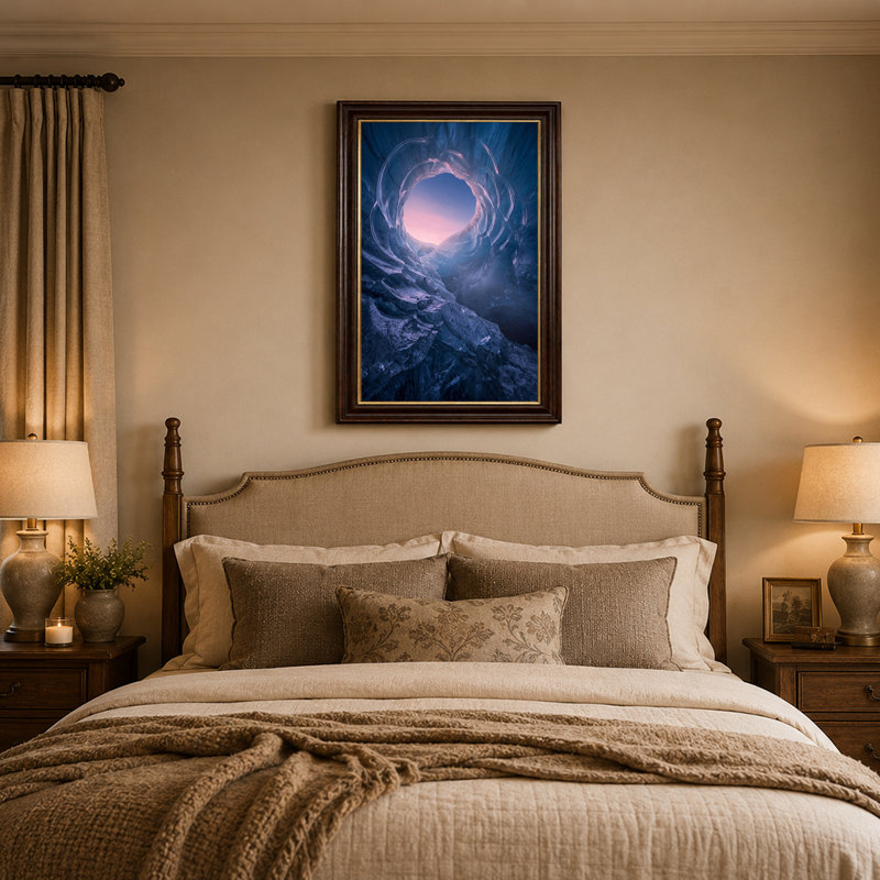 «Blue Ice Cave Tunnel Ouverture sur ciel rose et montagnes», art mural, H 24 po x l 16 po