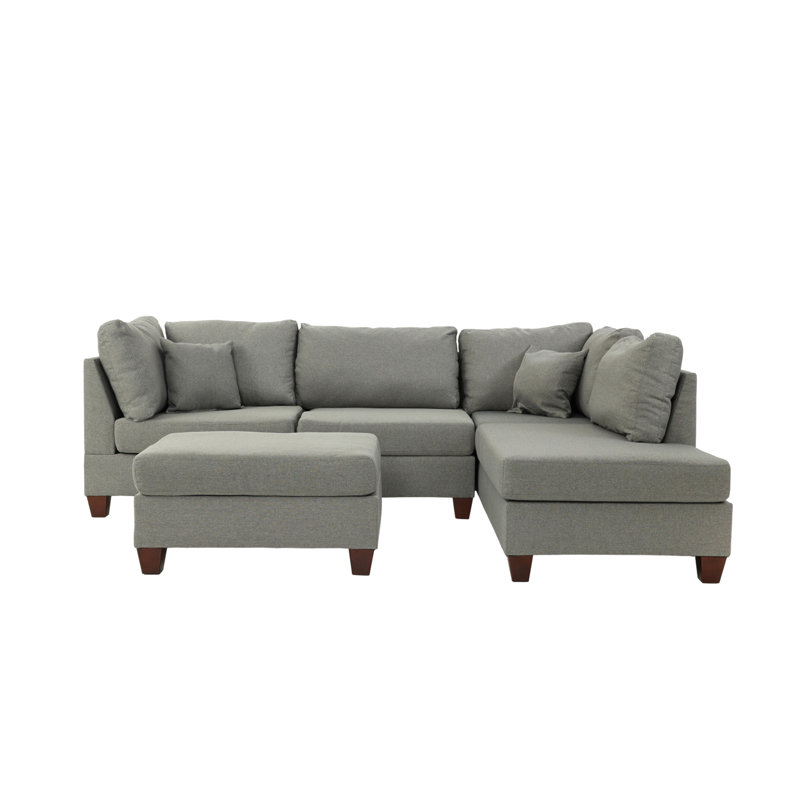 Reversible Polyfiber Sectional Sofa With Ottoman, Grey