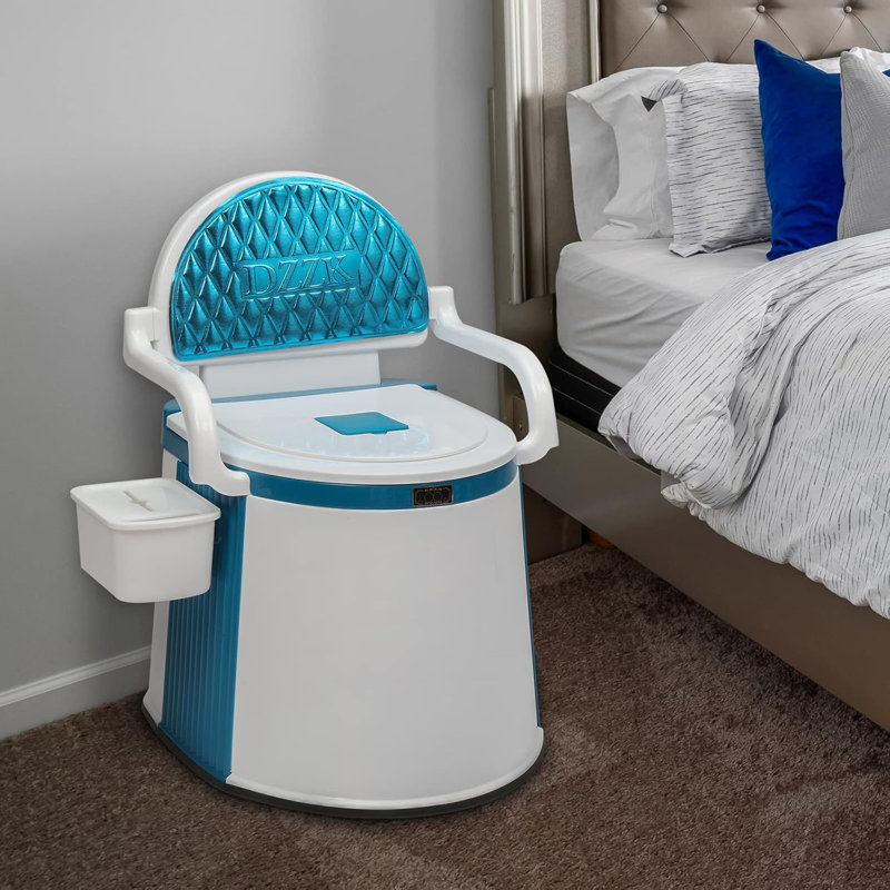 Portable Toilet | Back & Handrail Design Commode With 5 Gallon Bucket Inner, Camping RV Toilet For Adult, Kids, Home, Boat, Van, Travel, Plastic, Blue & White