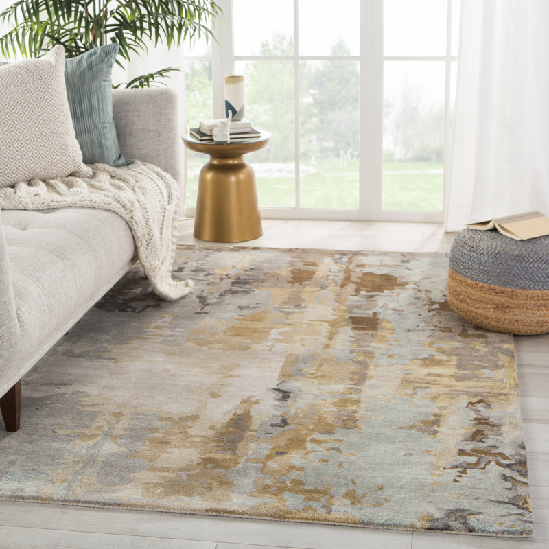 Tapis gris / brun touffeté à la main à motif abstrait Bixby, Rectangle 5 pi x 8 pi