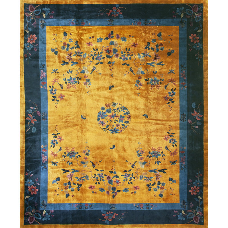 Antique Art Deco Chinese Floral Medallion Yellow Gold Color Area Rug