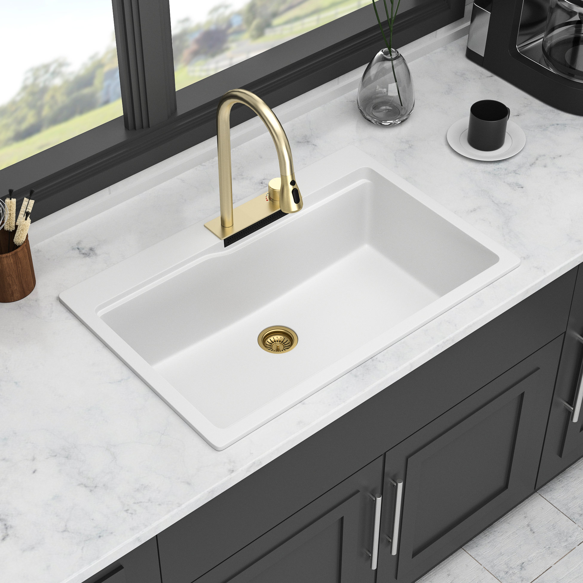 Kivaritio White Quartz Composite Kitchen Sink 33X22" - Waterfall Style ...