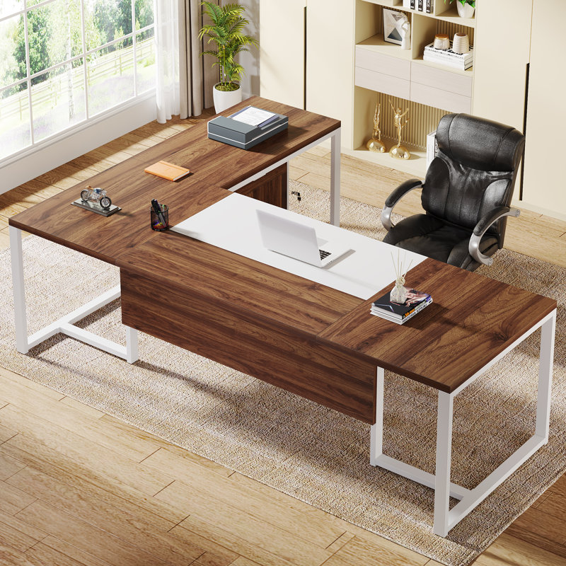 Wieze L-Shaped Metal Base Executive Desk, Walnut/White