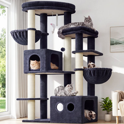 Arbre à chat de 152 cm (60 po) pour 2 à 3 grands chats, tour à plusieurs niveaux avec 7 poteaux à griffer en sisal épais, base stable et robuste, 2 niches confortables et hamacs moelleux, gris foncé