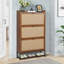 Armoire de rangement en bois de noyer avec tiroirs rabattables et tablettes ouvertes.
