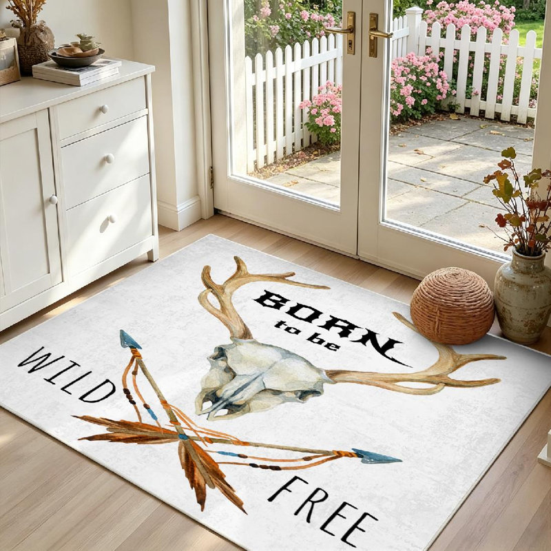 Tapis d'intérieur blanc lavable à la machine, motif crâne de cerf et animaux, idéal pour les rêves., Rectangle 55" x 79"