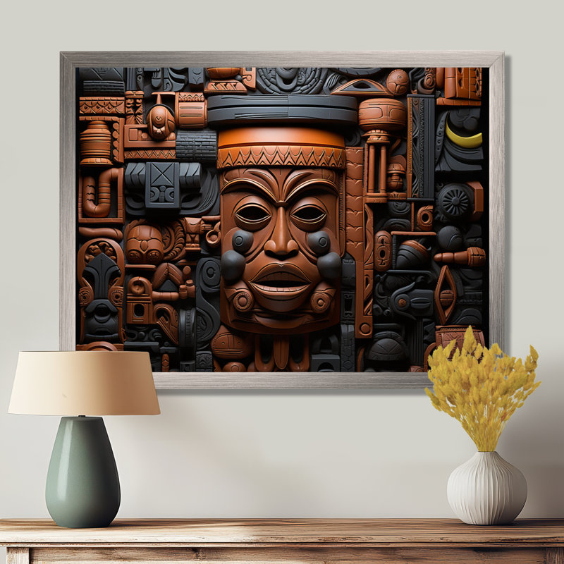 Masque africain brun et noir à motif de Kuba - Masque africain grand art mural, H 12 po x l 20 po x P 1 po