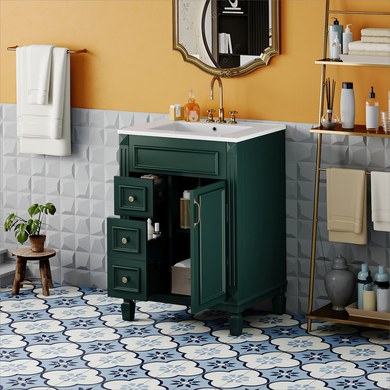 Meuble-lavabo 24 po avec lavabo en céramique, petite armoire de salle de bain moderne, 2 tiroirs et tablette réglable, Vert