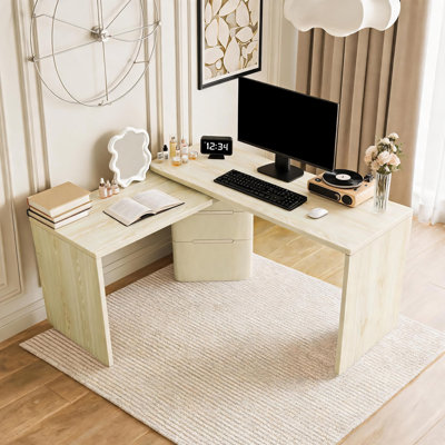 90.3" Modern 360° Rotating Desk, L-Shaped Executive Desk with 3 Drawers, Oak