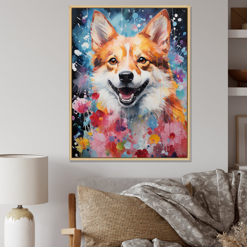 Popart Shiba Inu Spirit IV sur impression sur toile, Cadre naturel flottant, H 32 po x l 16 po x P 1 po