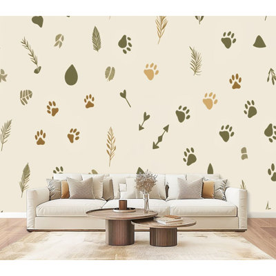 Peel and Stick Wallpaper Nature Inspired Animal Paw Prints Leaves Earthy Tones Wall Murals 69"H x 96"W Removable PVC Wall Paper Self-Adhesive Wall Decor for Bedroom Living Room Home Office