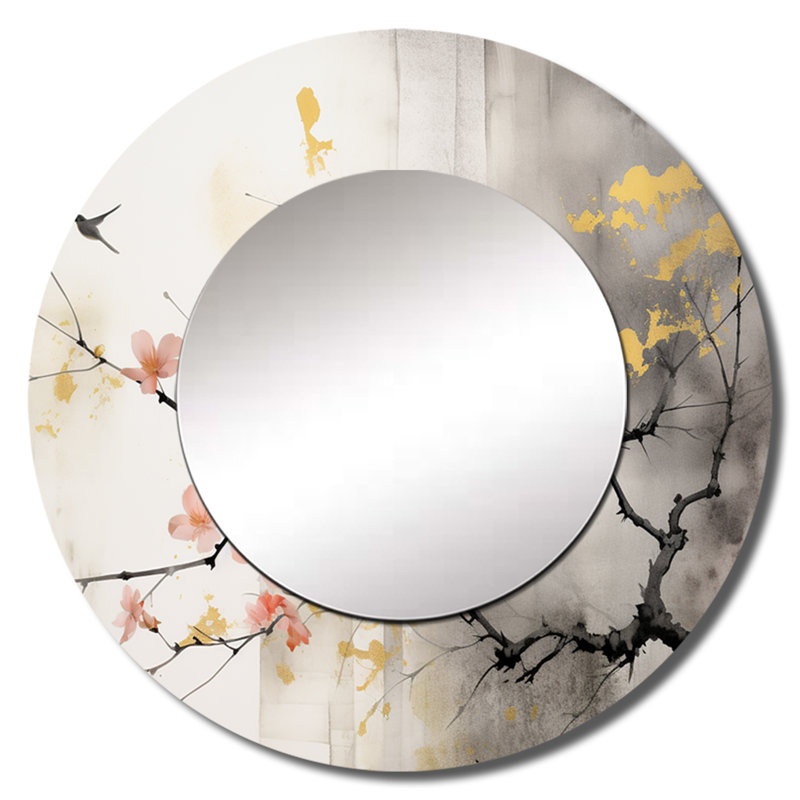 Art asiatique Samena Sumi Blossom I - art mural asiatique unique, miroir, pêche, 29 po x 29 po