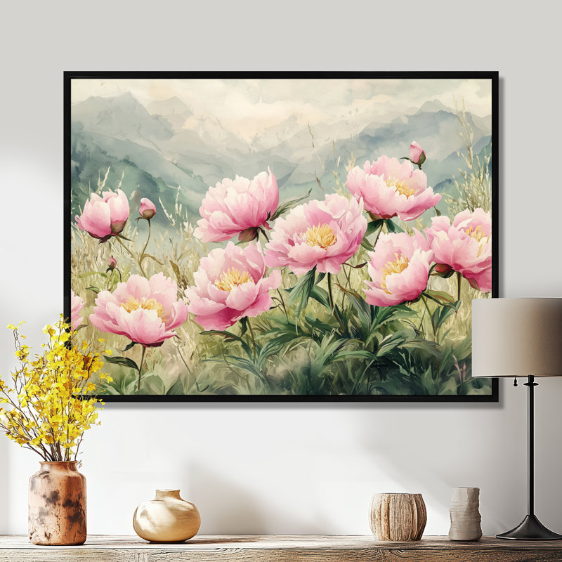 Pe pivoines dans la prairie alpine II - pivoines, art mural sur toile, H 12 po x l 20 po, Reproduction avec cadre flottant