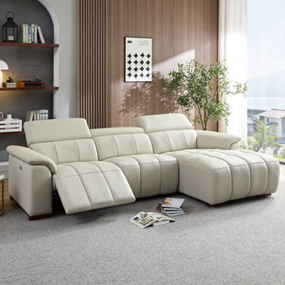 Light grey reclining l-shaped sofa: modern electric genuine leather couch with usb port - wall-hugger design (112 characters)