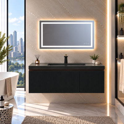Meuble-lavabo mural simple de 48 po, style suspendu, avec armoire noire encre, comptoir et lavabo en quartz noir sable, tiroir à fermeture en douceur, préassemblé