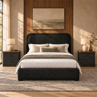 3-Piece Bedroom Set, Curved Boucle Upholstered Bed & 2 Farmhouse Nightstands with Storage