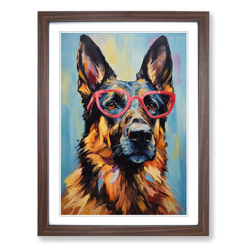 German Shepherd with Glasses Painting No.3 - Framed Print, 46cm H x 34cm W x 2cm D, Walnut