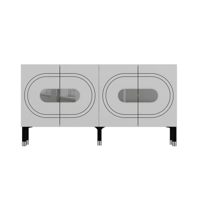 Buffet 4 portes à pieds blocs minimalistes avec panneaux ovales dorés / argentés, Blanc / argenté