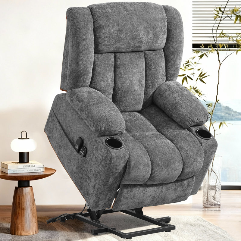 Power Lift Zero Gravity Recliner With Massage Heat Cup Holders  Side Pocket and USB Port, Gray, Chenille