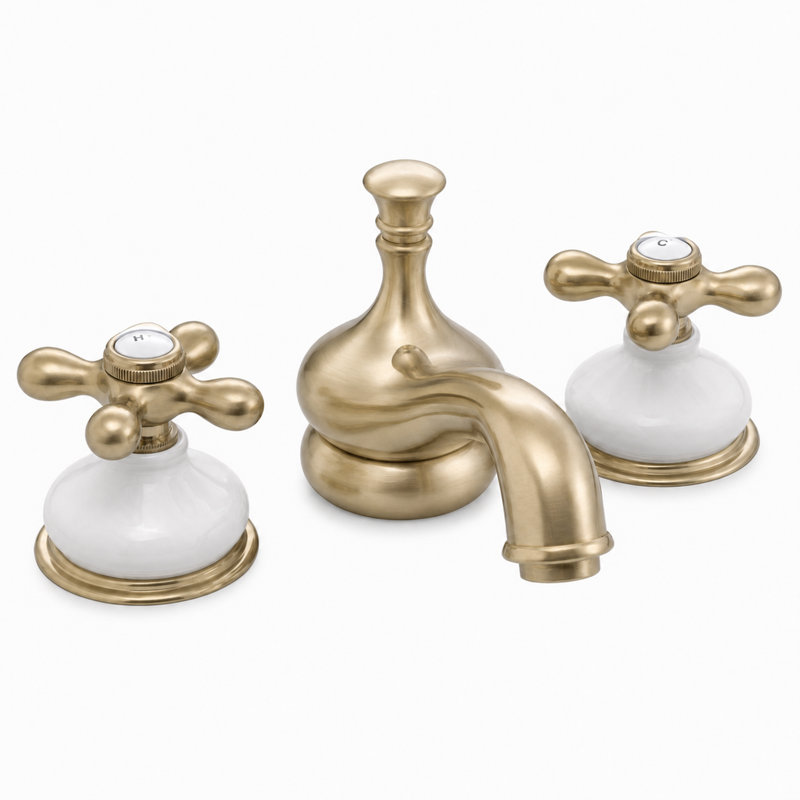 Robinet à large entraxe en porcelaine Sacramento par Strom Living, Unlacquered Satin Brass