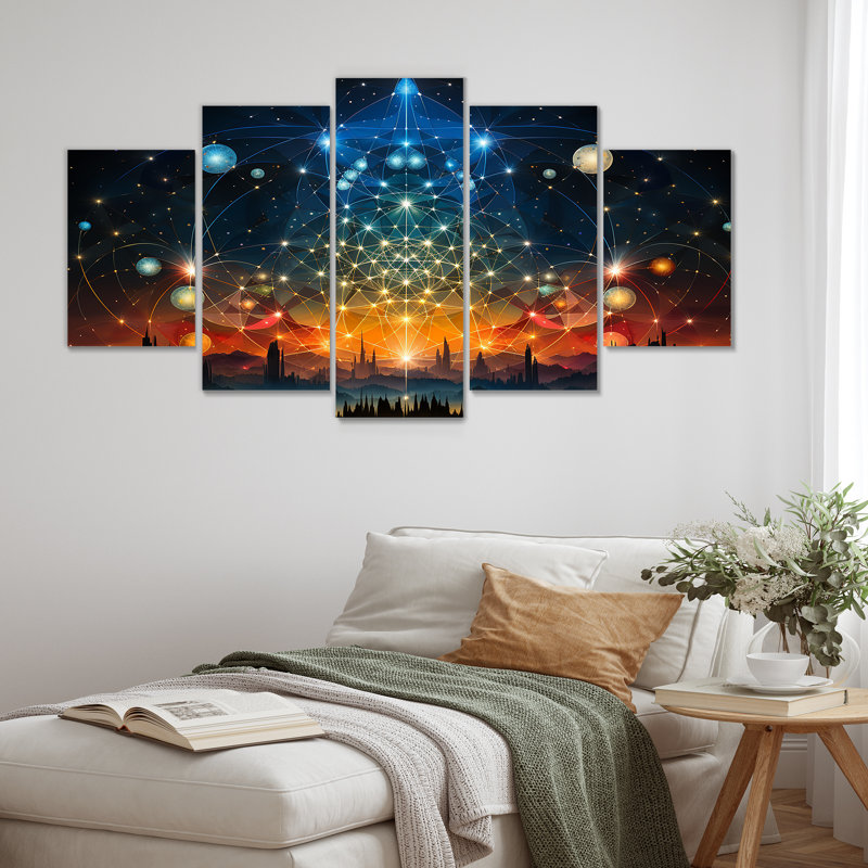 Heaven’s Sacred Bloom - Art mural abstrait paysage 5 pièces, H 32 po x l 60 po
