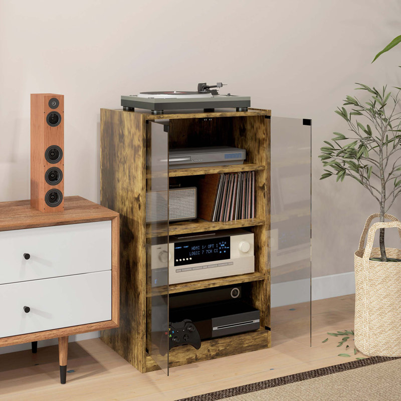 Media Cabinet, 4-Tier Stereo Cabinet, Modern Audio Video Media Stand With Adjustable Shelves, Tempered Glass Doors, And Cable Management