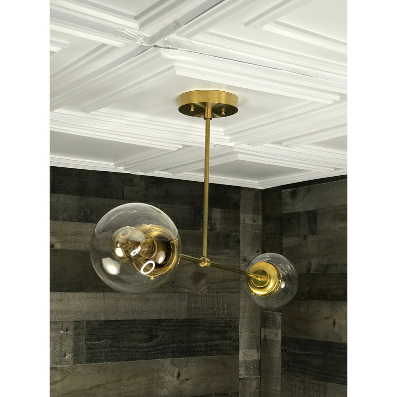 Plafonnier suspendu Mid-Century lustre 2 ampoules Shediac, Laiton noir, Transparent