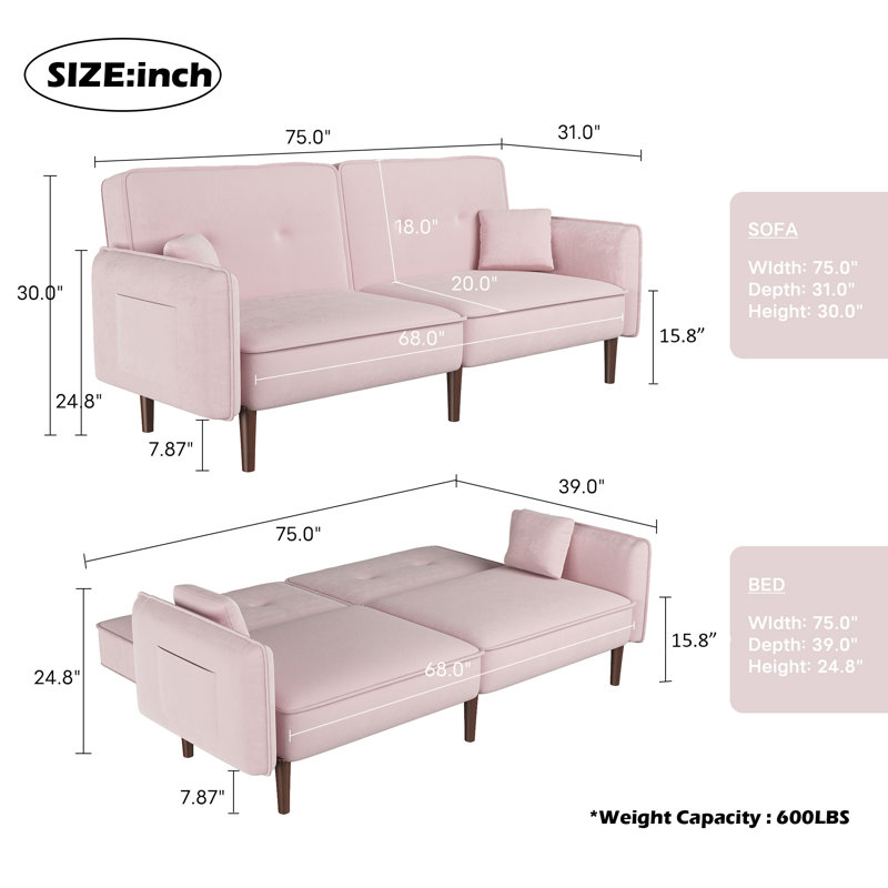 31'' Upholstered Sleeper Sofa, Pink 100% Polyester