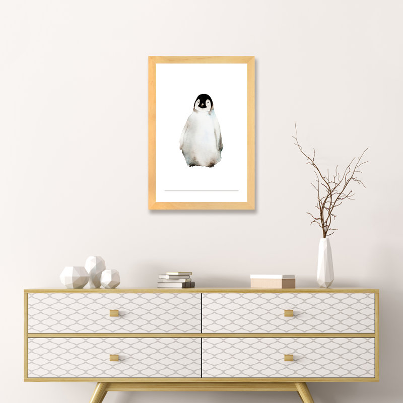 Art pingouin, H 24 po x l 16 po x P 1 po, Toile avec cadre en bois beige