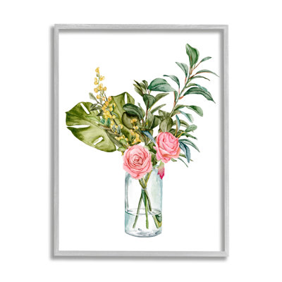 Rose rose, feuilles de Monstera, aquarelle, nature morte par Melissa Wang