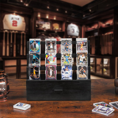 3-tier Trading Card Storage With Custom Drawer, Wood Graded Card Display With Card Supporters And Dividers Black