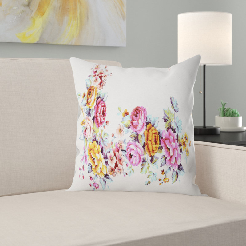 Fleurs jaunes et roses - coussin à imprimé floral, 16 po x 1 po, Coussin décoratif