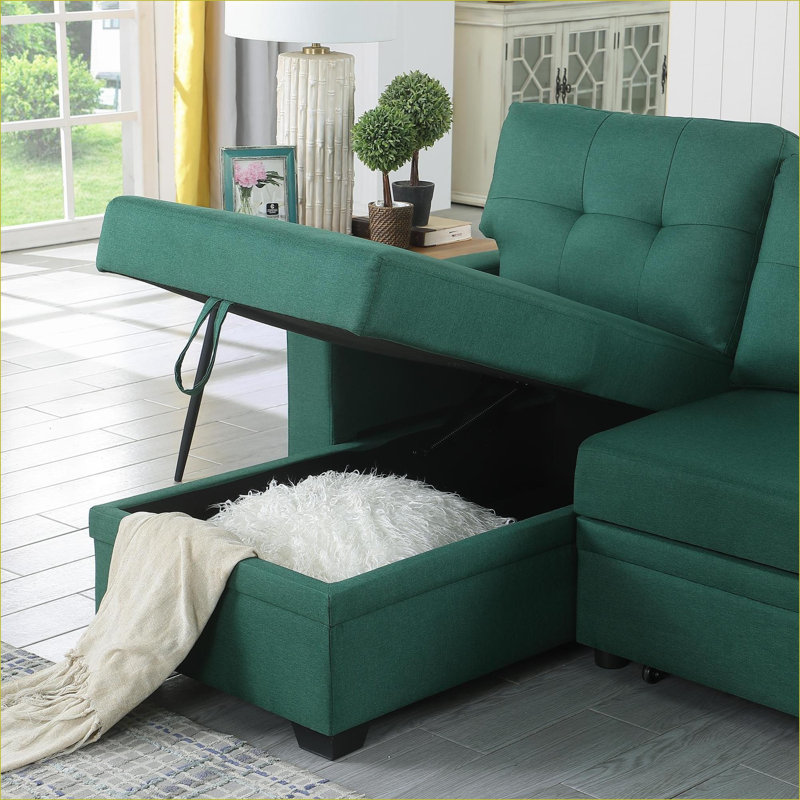 Sectional Sofa with Pull-Out Sleeper &amp; Storage Chaise, Linen Sage Green | For Small Spaces &amp; Guests