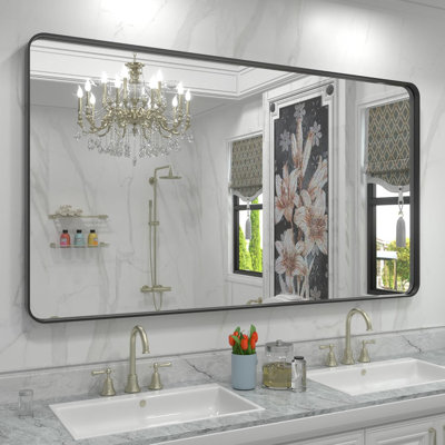 Miroir de salle de bain rectangulaire arrondi de 1,18 po avec cadre en alliage d'aluminium et verre trempé de qualité supérieure Lunara