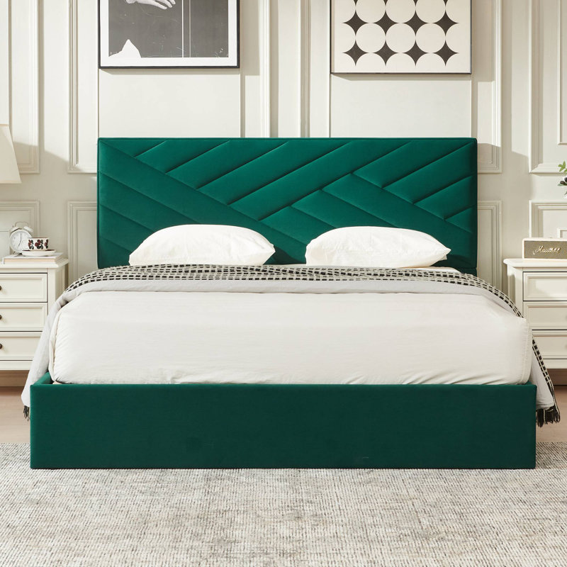 Full Size Upholstered Lift-Up Storage Platform Bed with Chevron Padded Headboard, No Box Spring Required Hydraulic Storage Bed
