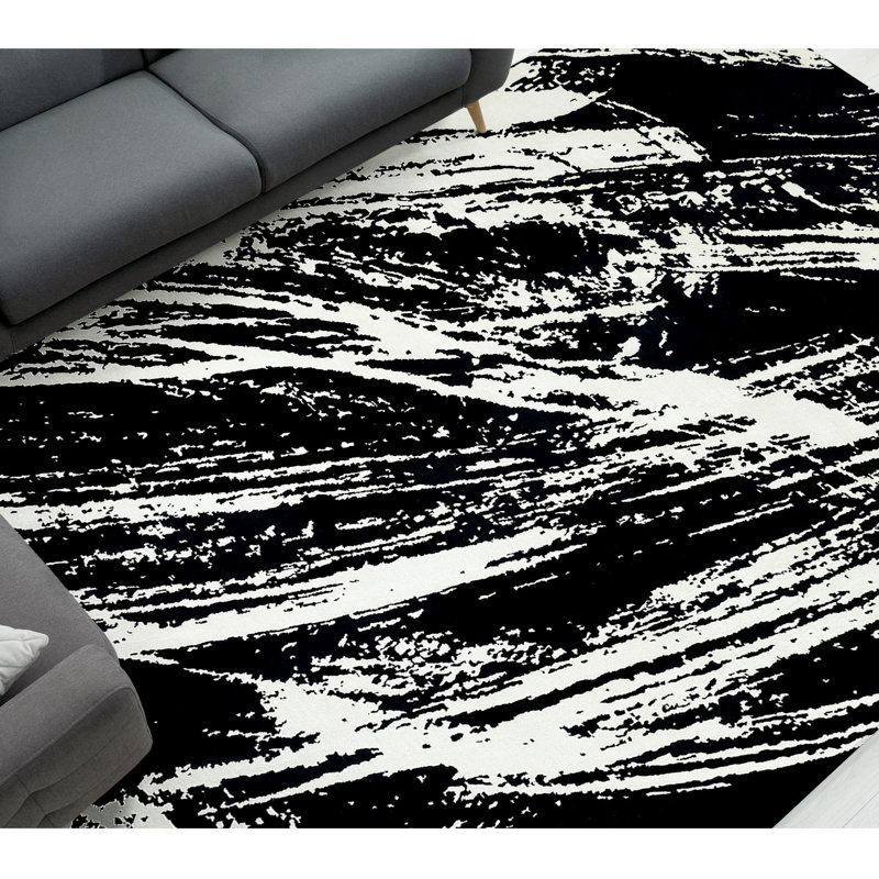 Hand Knotted Abstract Area Rug in Black/White, Rectangle 8' x 10'
