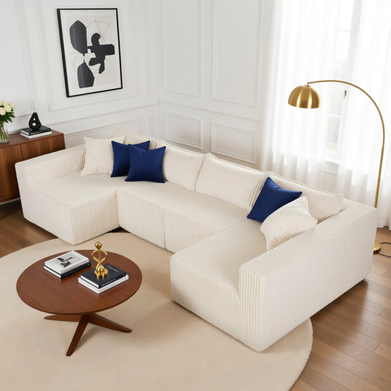 Boneless 128" U-Shaped Modular Sofa, No, Beige Corduroy