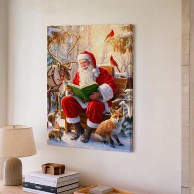 Reproduction d'art sur toile, "Un père Noël joyeux barbu dans un costume rouge vif", sur un banc en bois rustique dans une forêt enneigée