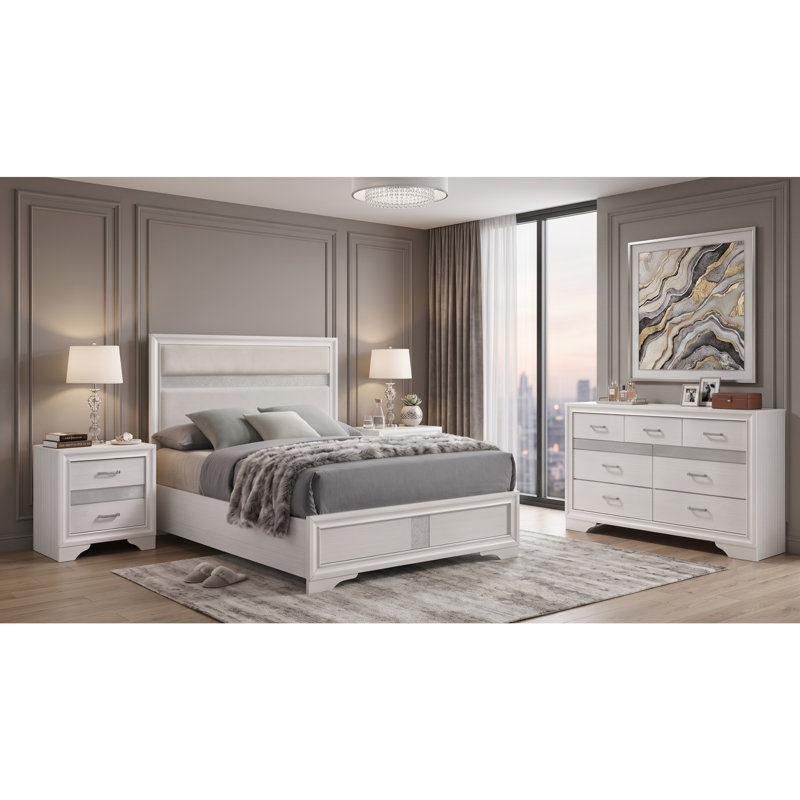 Mercer White Queen 4-piece Bedroom Set, White, 4 Pcs: Bed, Dresser, 2 Nightstands