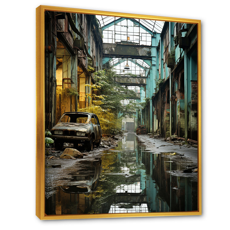Paysage industriel, sarcelle, transformation sur toile, Cadre flottant doré, H 32 po x l 24 po x P 1 po