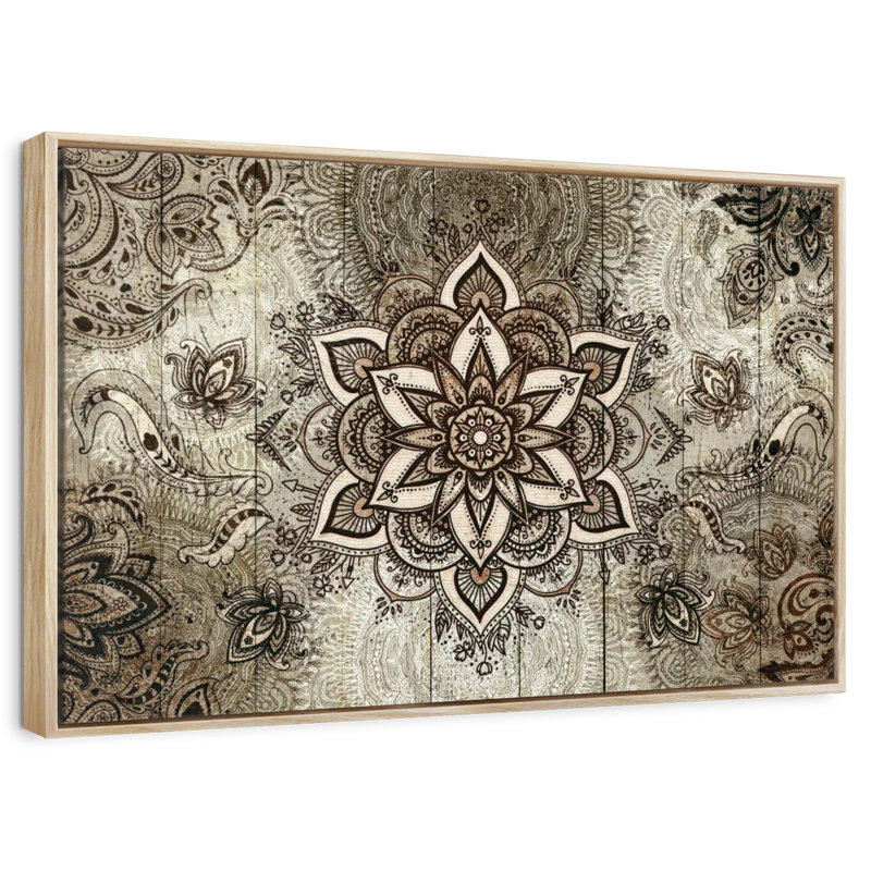 Mandala sur bois brun, Cadre flottant en bois naturel, 43 po x 29 po