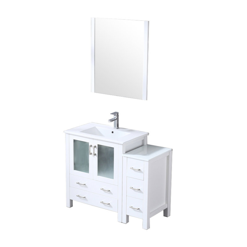 Blanc 42 po Meuble-lavabo avec meuble latéral, robinet, comptoir en céramique, miroir de 28 po et meuble-lavabo robuste, qualité de surface Scratch