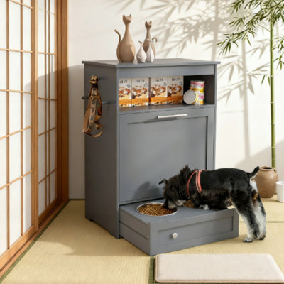 Armoire de rangement pour animaux, avec bols surélevés pour chien, gris