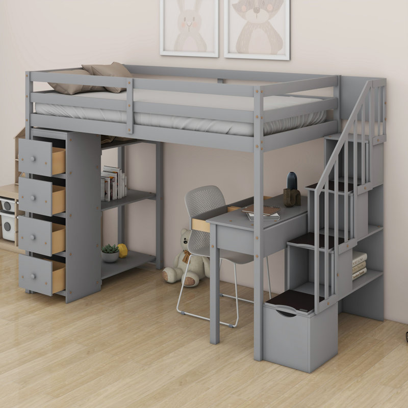 Lit mezzanine avec tiroirs de rangement, bureau et escalier, lit mezzanine en bois avec tablettes, Gris