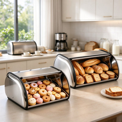 Stainless Steel Bread Box Set for Kitchen Counter, Roll Top Bread Holder, Dual Size Bread Storage Container, Metal Bread Bin Keeps Bread Fresh, Space Saving Bread Keeper