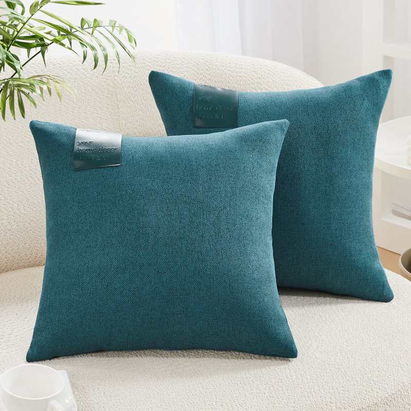 Decorative Solid Pillow Covers with Leather Label (Set of 2), 12"H x 20"W, Dark Teal