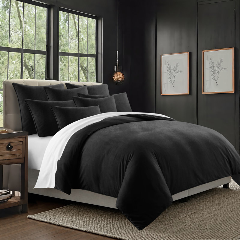 Cascade Velvet Solid Colour Coverlet Set / Bedspread Set - 8 Piece, Black, California King Coverlet + 7 Additional Pieces