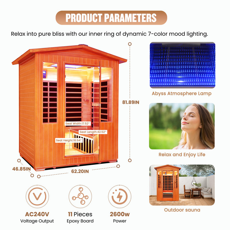 Outdoor 2-3 Person Sauna Far Infrared Saunas Dry Sauna Room Red Cedar And Canadian Hemlock Wood Wooden Sauna Spa 2600w With 11 Heating Plate And 7 Color Therapy 62.2*46.85*81.89 Inches